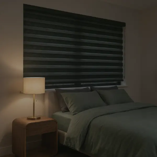 Blackout blinds in a dark bedroom