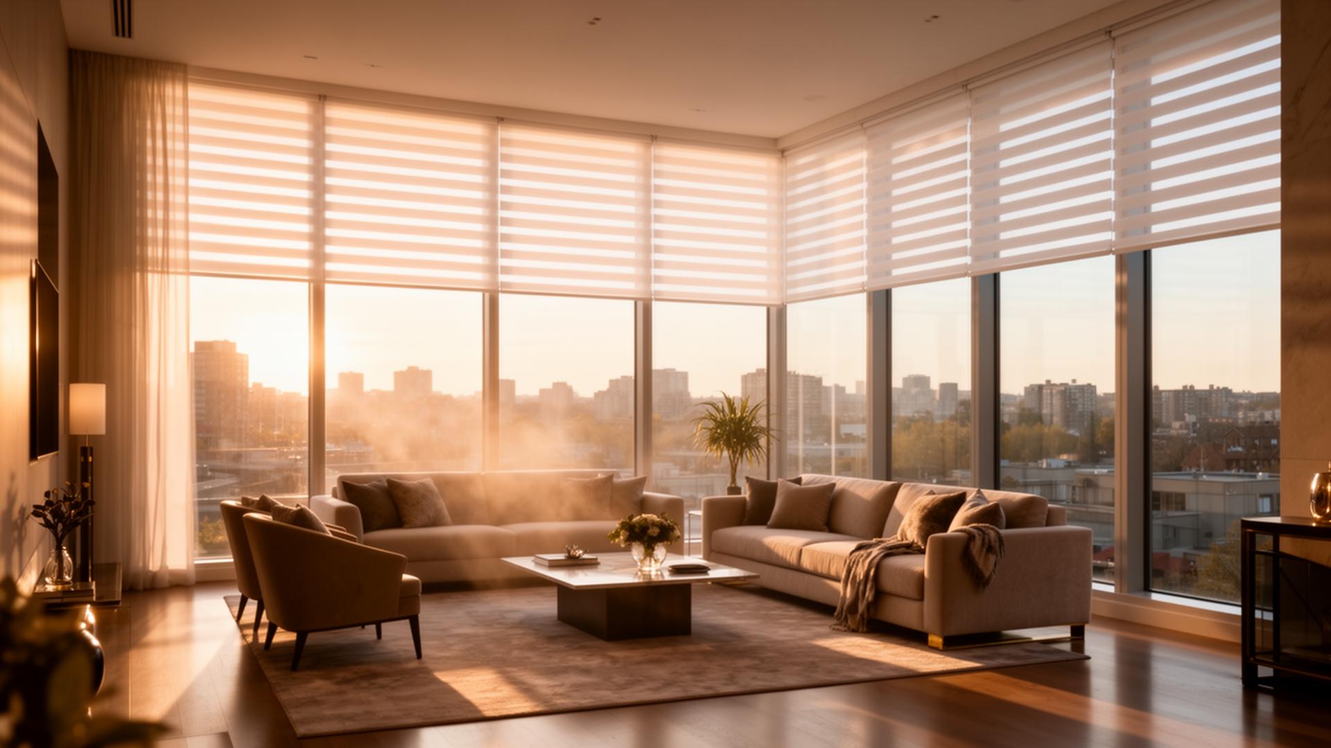 Elegant Ottawa living room with custom roller blinds filtering afternoon light